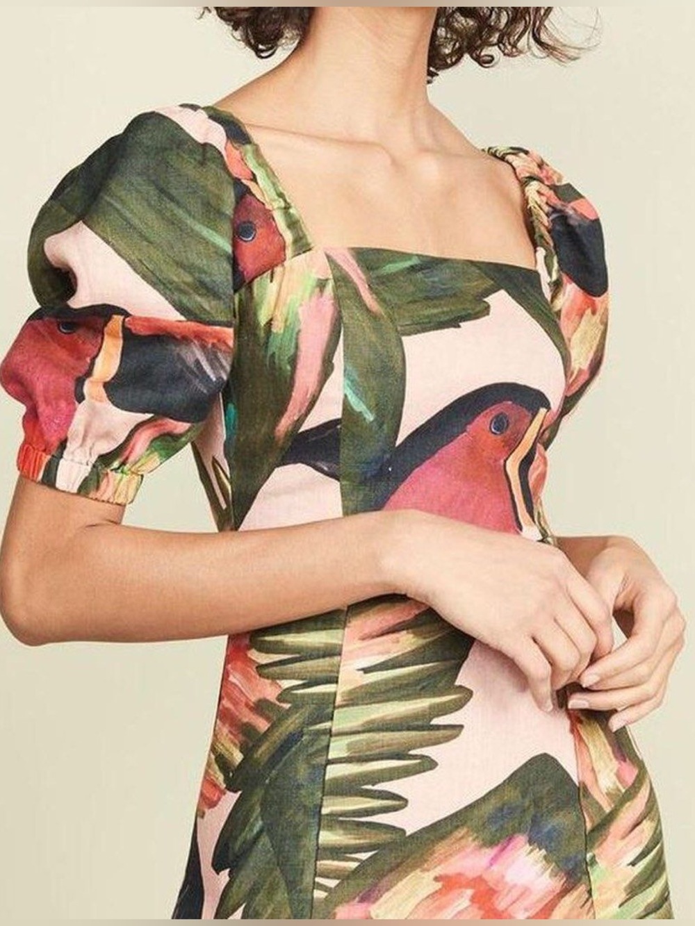 FARM Rio Paradise Print Mini Dress with Green Leaves and Coral Accents in Size M